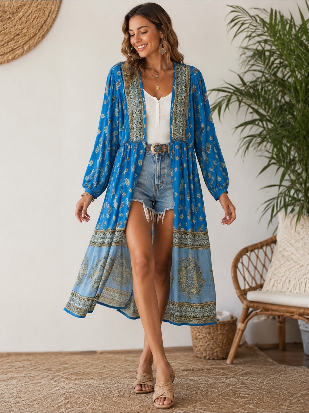 Angie Blue Boho Paisley Print Longline Kimono Duster Cardigan